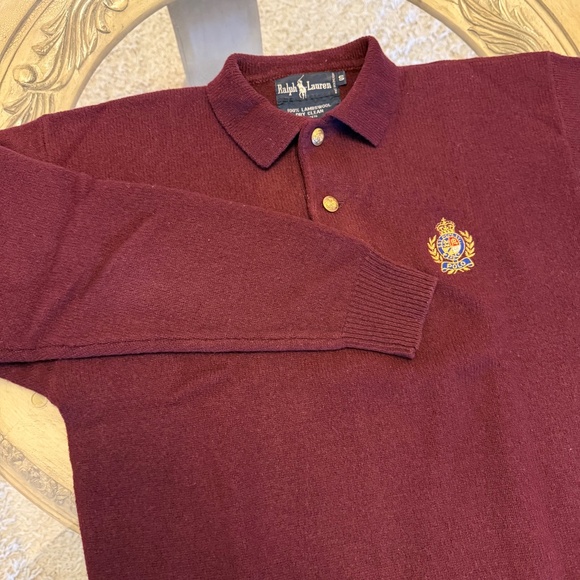 VTG Polo Ralph Lauren Wine Collared Crest Two Button Lambswool Sweater Men’s S - Picture 4 of 11